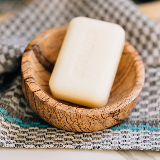 Soap dish angled bidasar stone 4.25Dx2.5 nat/brn