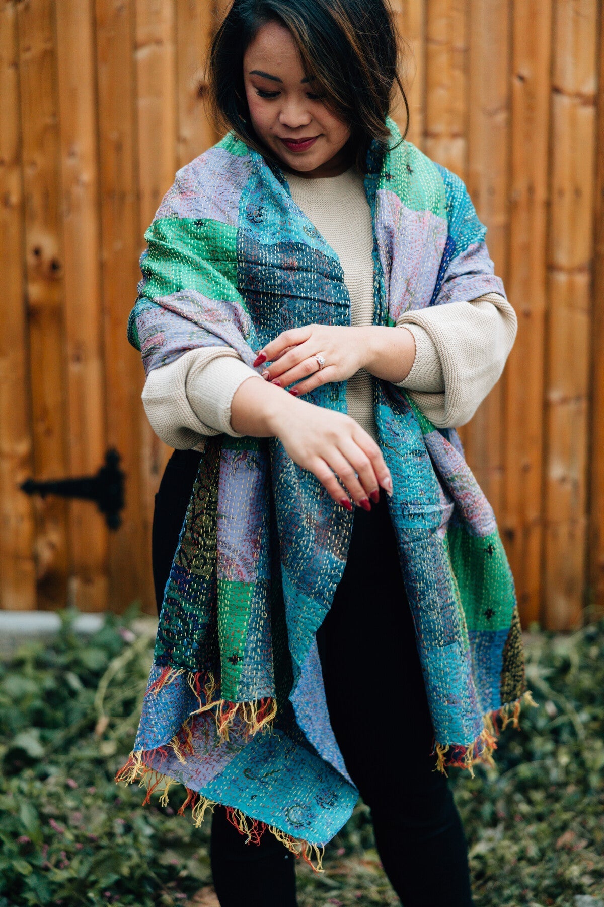 Shawl kantha patchwork upcycled sari 85x35 asst