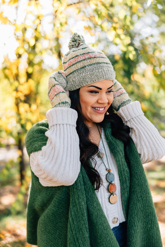 Hat striped w/pompom wool/cotton grn/red/yel/wht