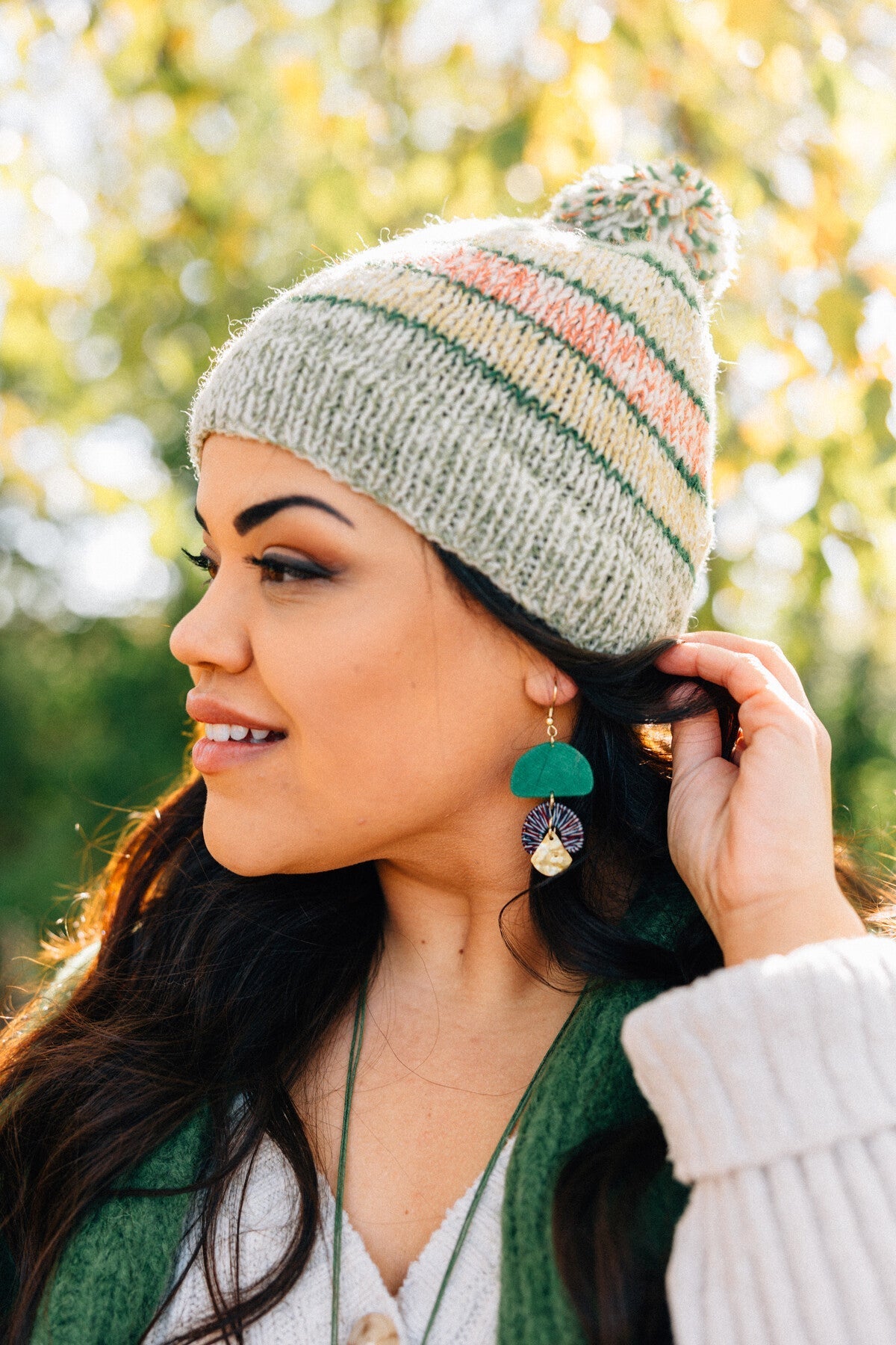 Hat striped w/pompom wool/cotton grn/red/yel/wht