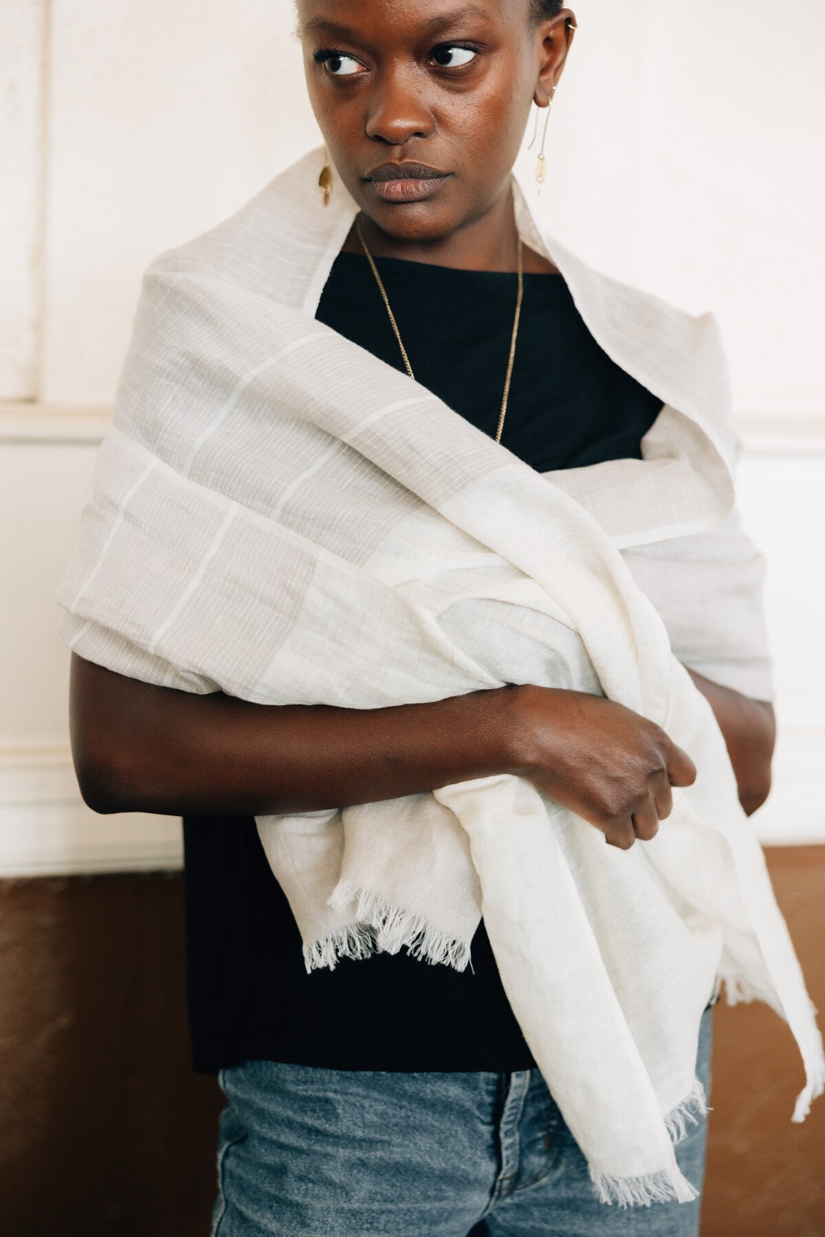 Scarf loose weave cotton/linen 70x20 cream/gray