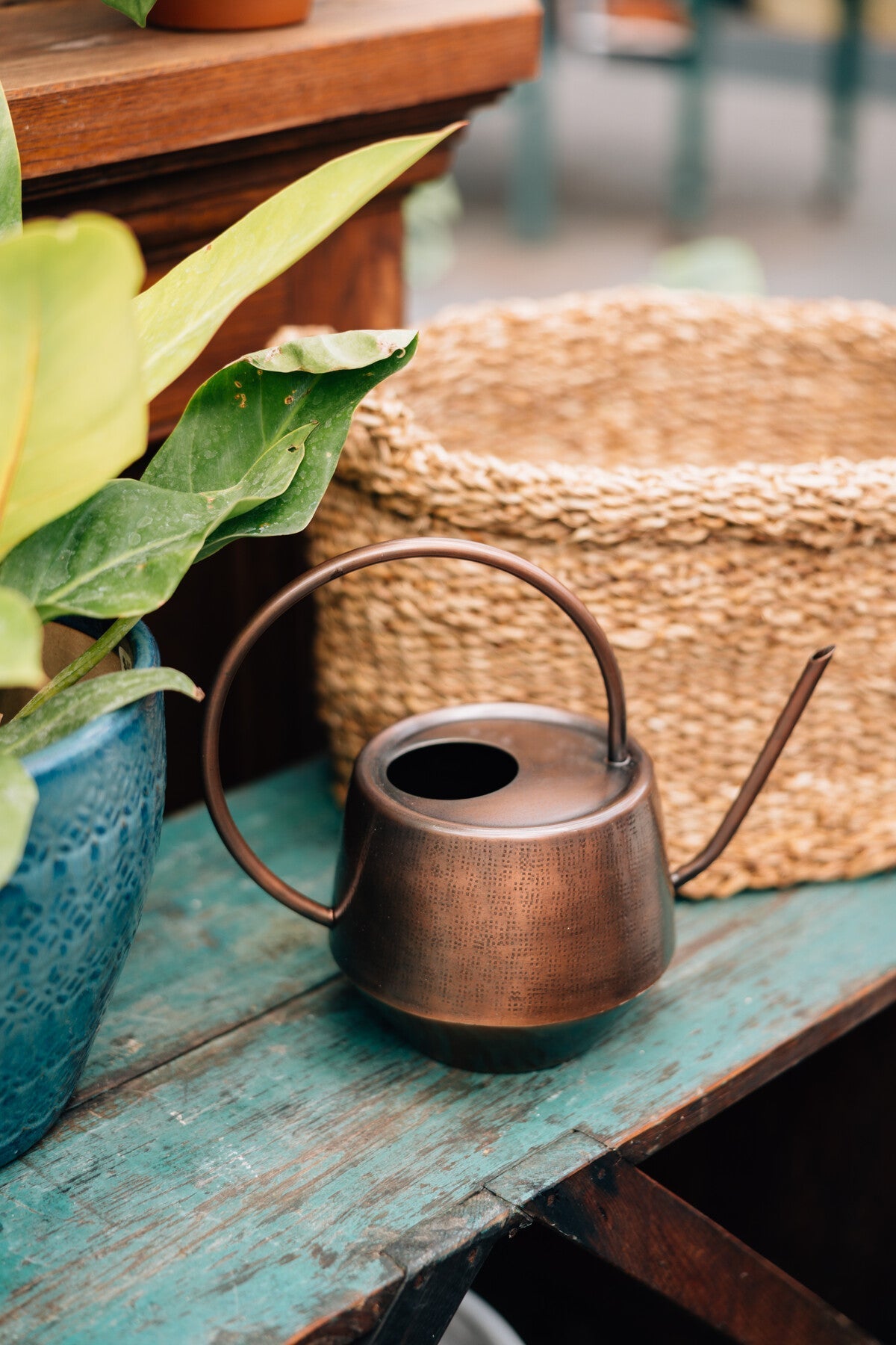 Watering can hammered iron 12.5Lx10.25H antq cppr
