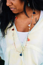 Necklace bead/disc/tassels glass/string 34L multi