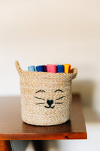 Basket S cat face jute 5Dx5.75H tan/black