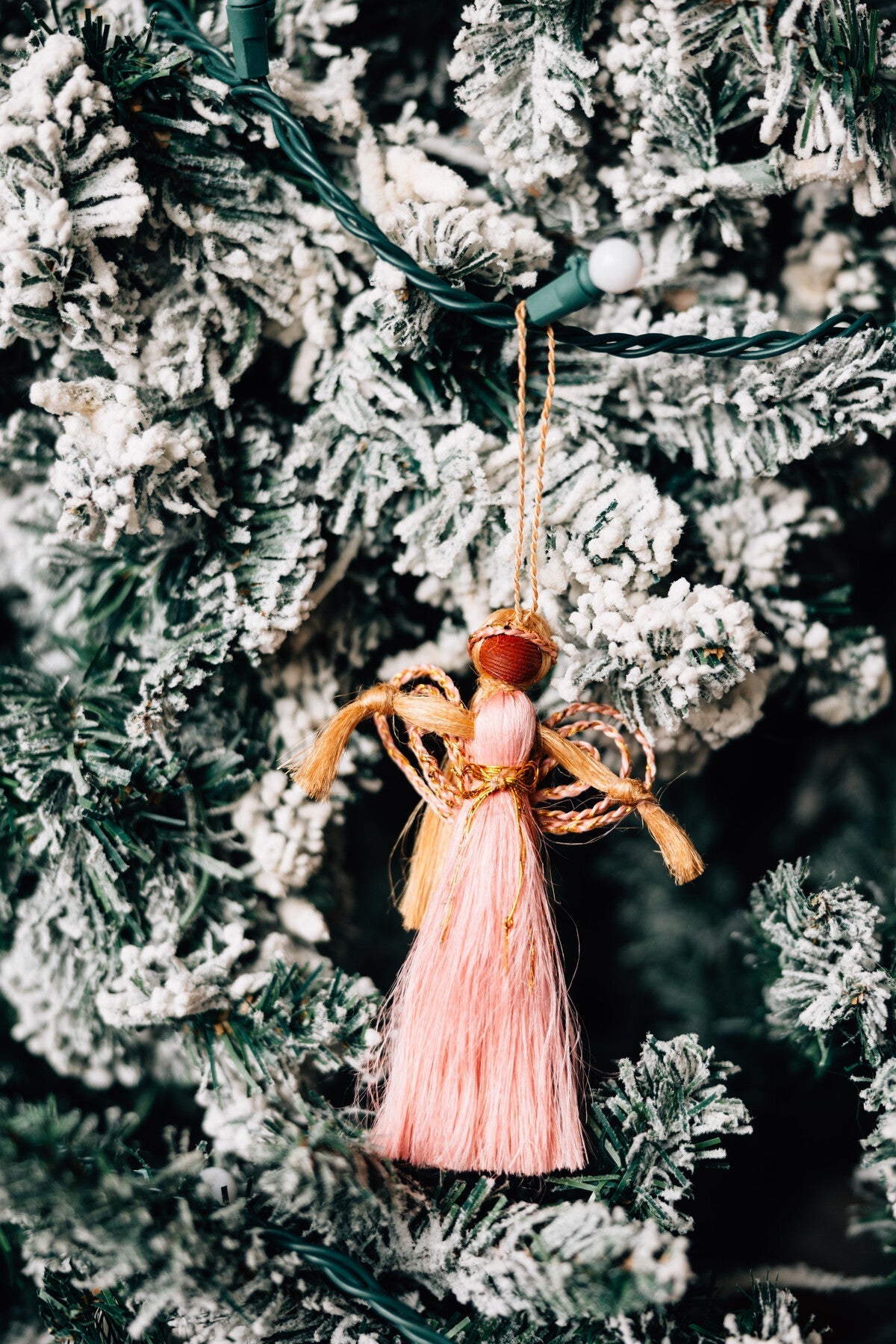 Ornament angel M/3 jute/wd 4.5H lt pink/nat