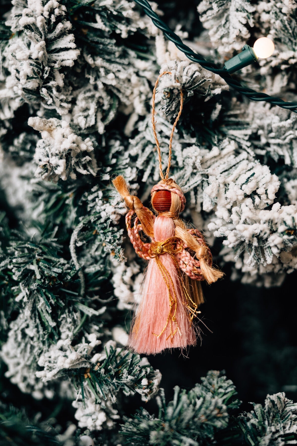 Ornament angel M/3 jute/wd 4.5H lt pink/nat