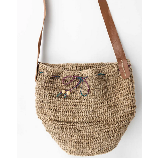Jute Bucket Bag w/Leather Strap