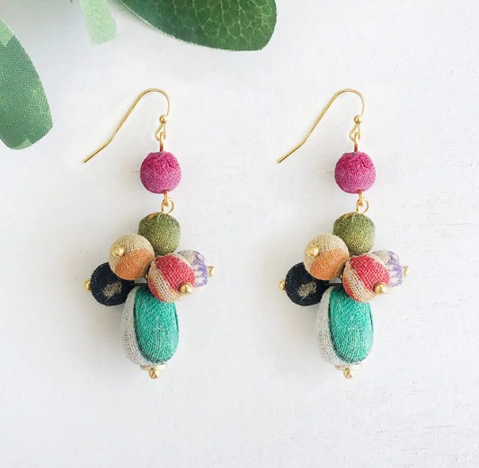 Earrings, "Kantha Tiered Droplet"