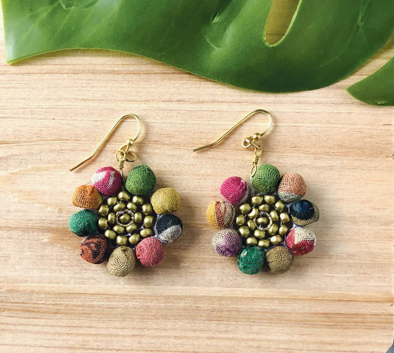 Earrings, "Kantha Sunflower"