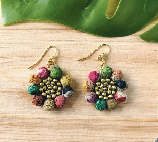 Earrings, "Kantha Sunflower"