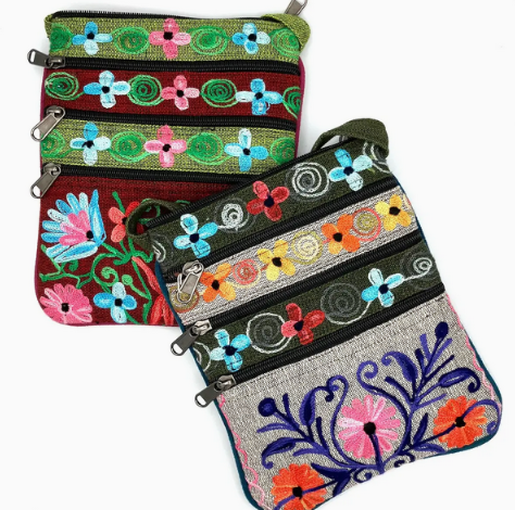 Crossbody Bag, Embroidered, 5 Zipper, Assorted Colors