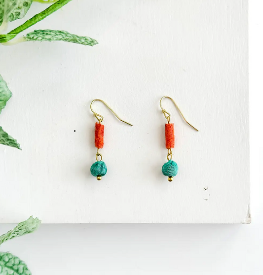 Earrings, "Kantha Scrolled and Dotted"