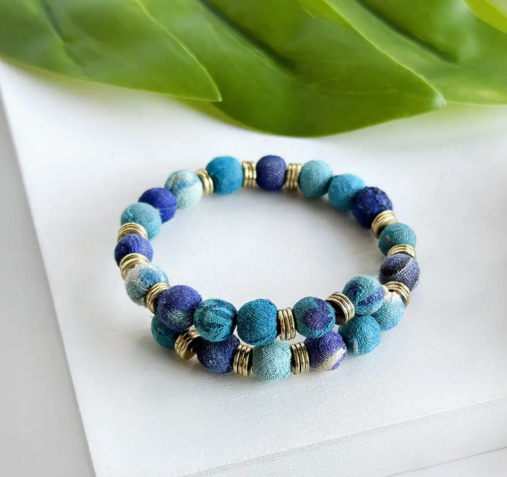 Bracelet, "Kantha Azure Paillette Overlap Bangle"