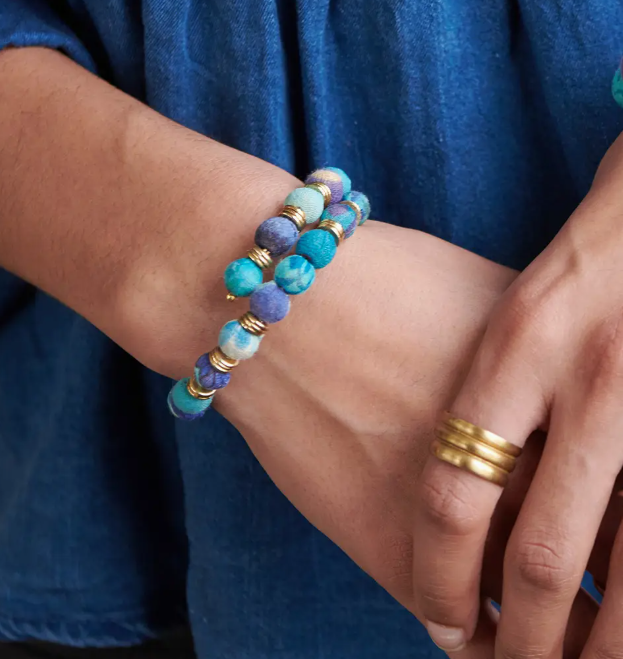 Bracelet, "Kantha Azure Paillette Overlap Bangle"