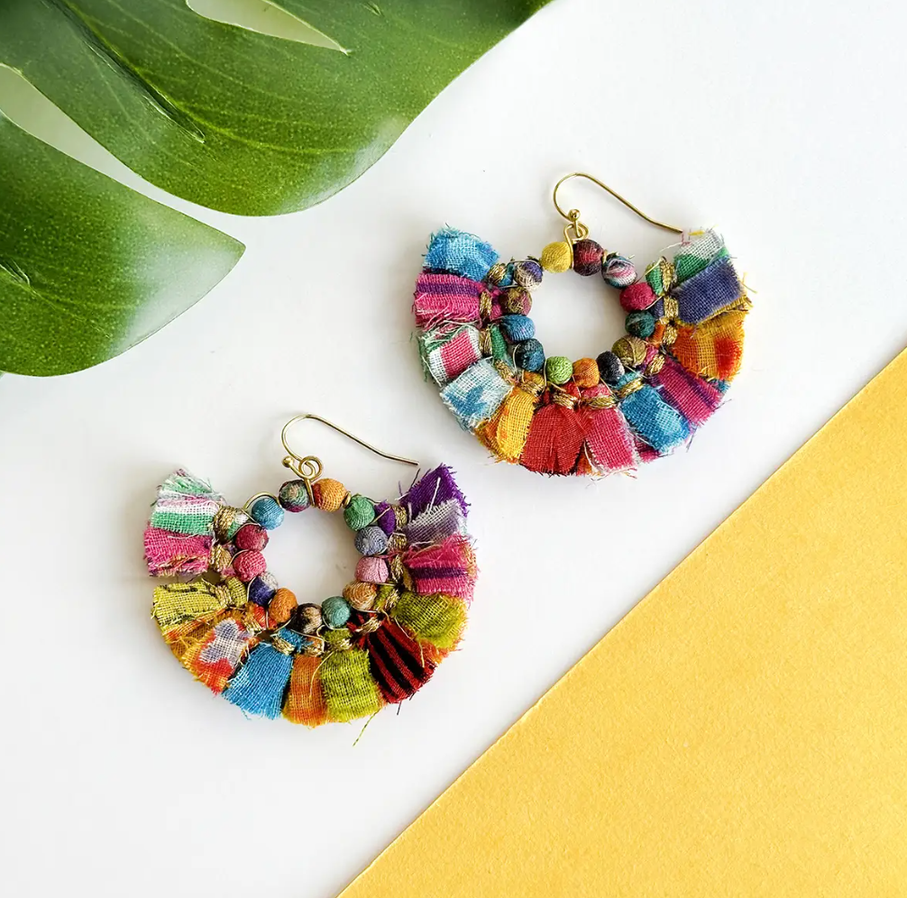 Earrings, "Tasseled Kantha Hoops"