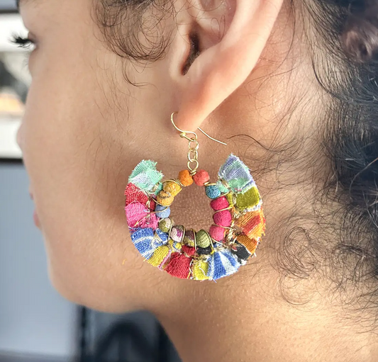 Earrings, "Tasseled Kantha Hoops"
