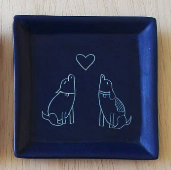 Square Carved Stone Dish, Dogs