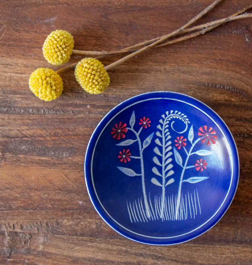 "Blue with Red Flowers" Soapstone Dish