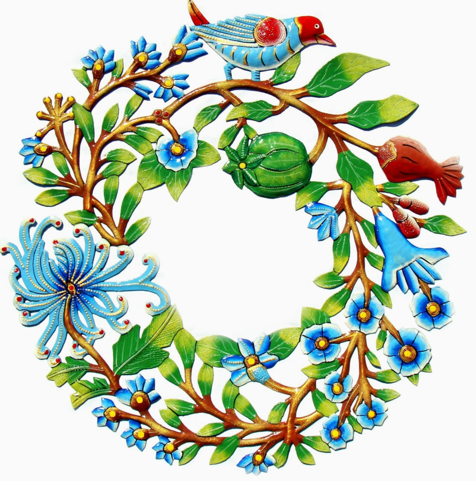 Painted Bird Wreath Recycled Oil Drum Wall Art