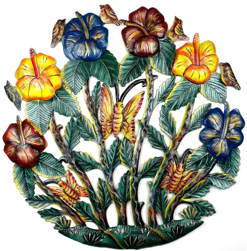 Flower Garden and Butterfly Recycled Oil Drum Wall Art