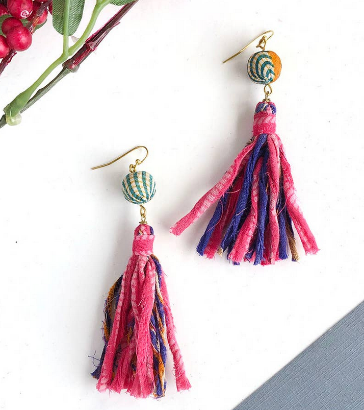 Kantha Dangling Tassel Earrings