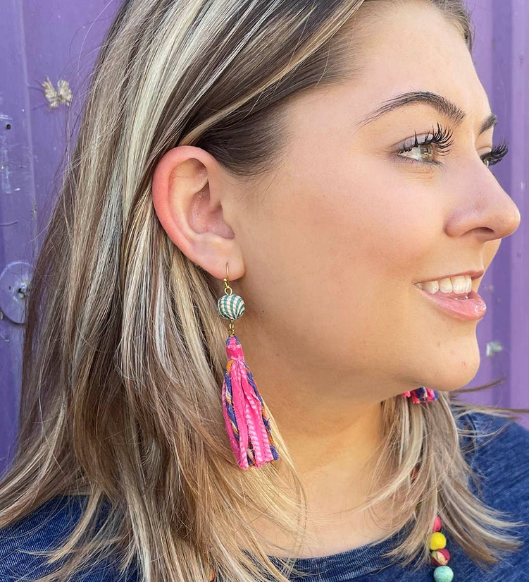 Kantha Dangling Tassel Earrings