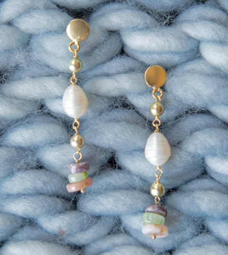Stacked Stone and Pearl Drop Earrings