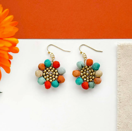 Earrings, "Kantha Sunflower"