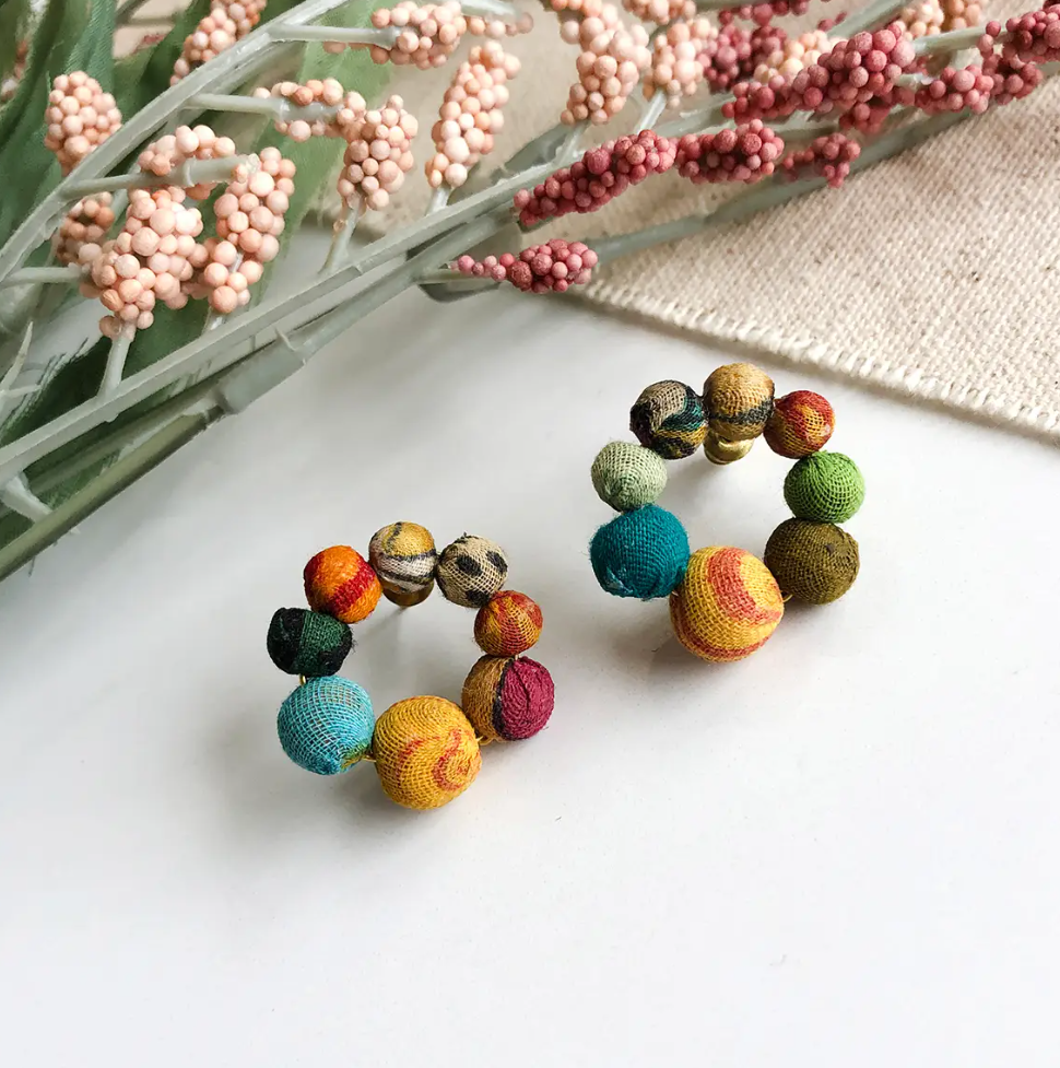Earrings, "Kantha Hoop Post"