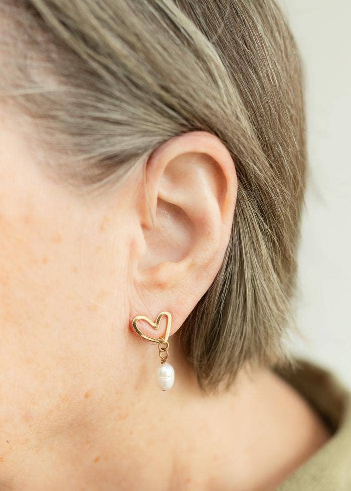 Gold Heart Pearl Drop Earrings