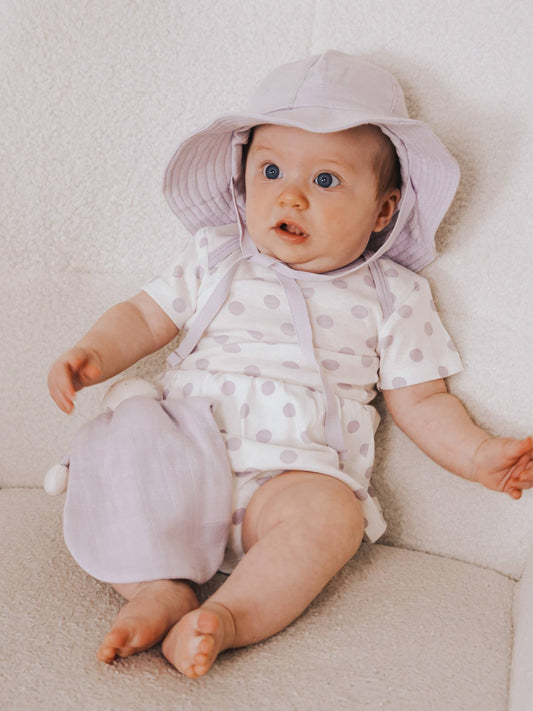 Organic Skirted Bodysuit, "Lavender Dot"