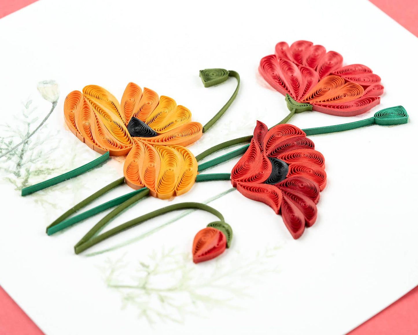 Quilled Greeting Card, "Red & Orange Poppies"