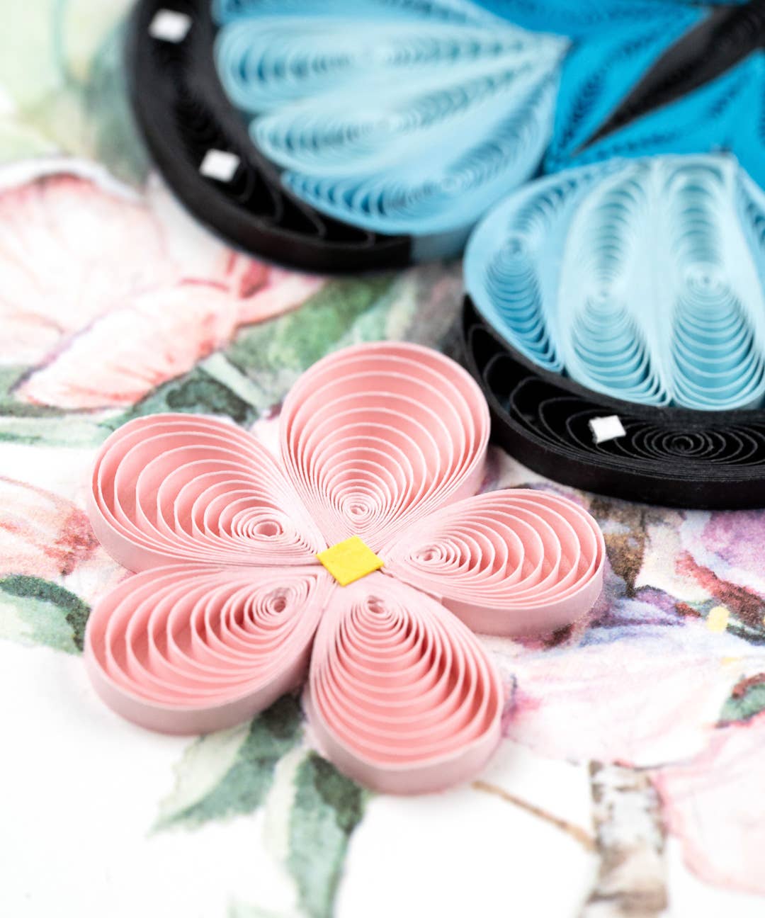 Quilled Greeting Card, "Blue Butterfly & Pink Flowers"