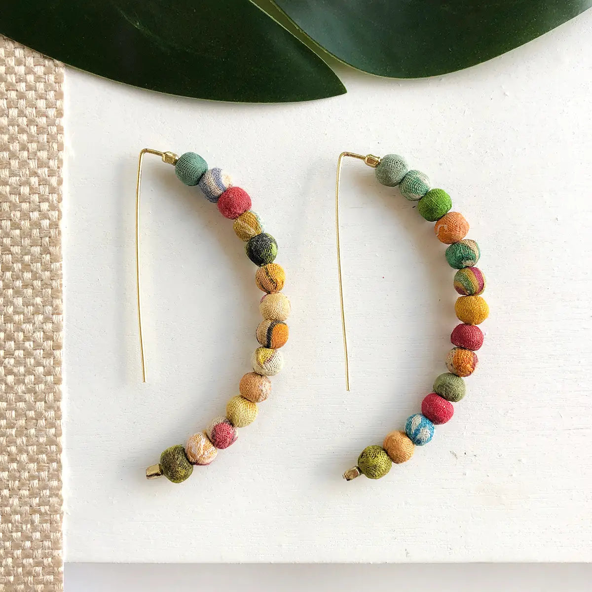 Earrings, Kantha Linear Arc