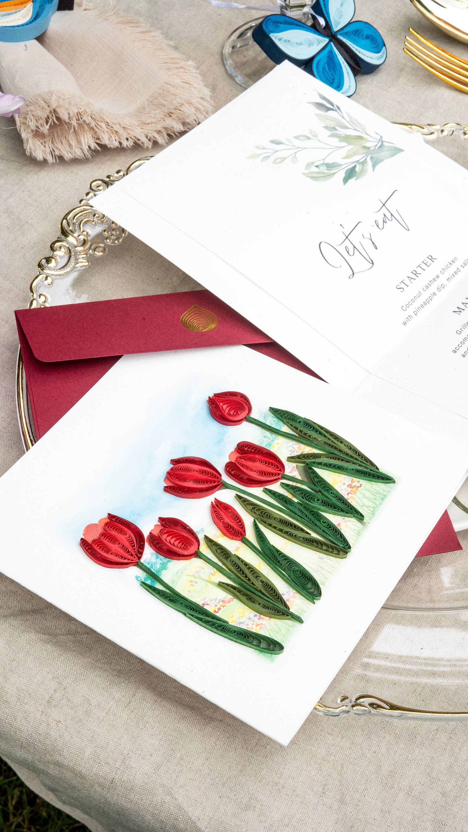 Quilled Greeting Card, "Red Tulip Field"
