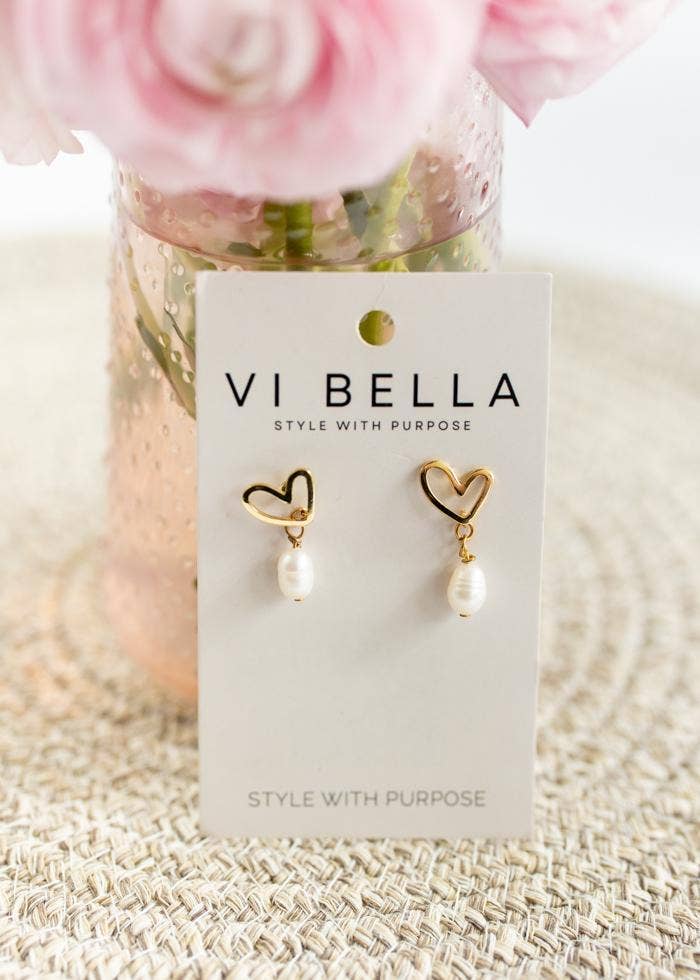 Gold Heart Pearl Drop Earrings