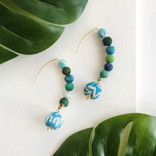 Earrings, Kantha Water Lilies Drop