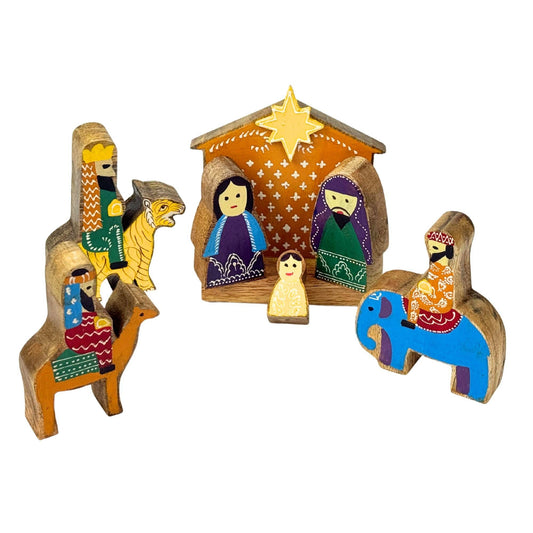 Hand Painted Mango Wood Nativity, 7 pieces