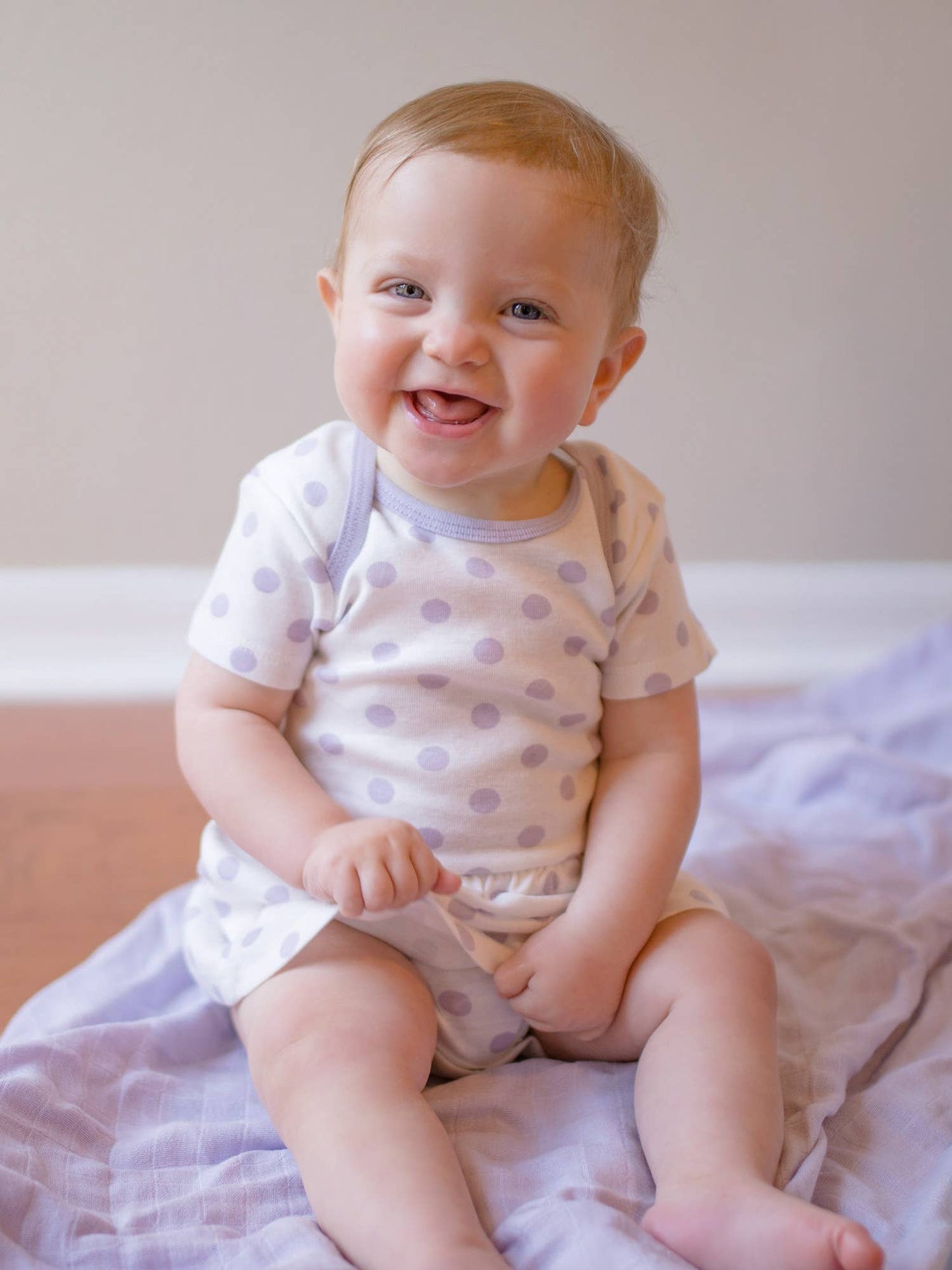 Organic Skirted Bodysuit, "Lavender Dot"