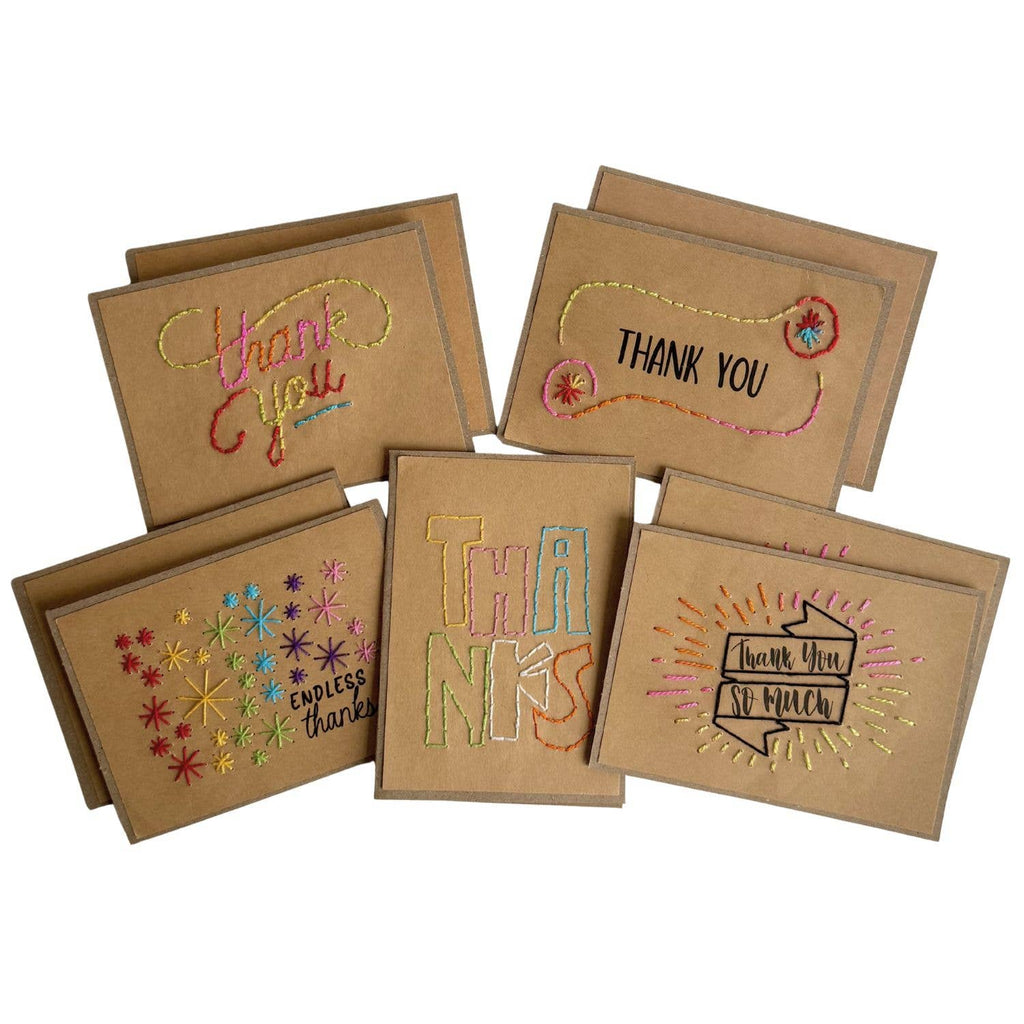Thank You Hand Stitched Greeting Cards, Variety Set of 10