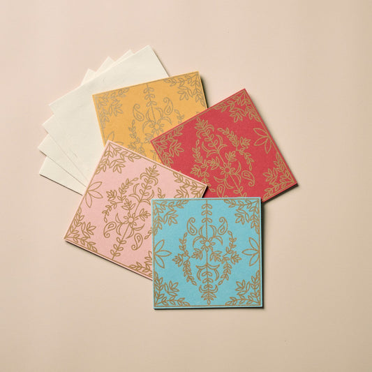 Cards s/4 vintage s-print 5sq pnk/red/yel/blue