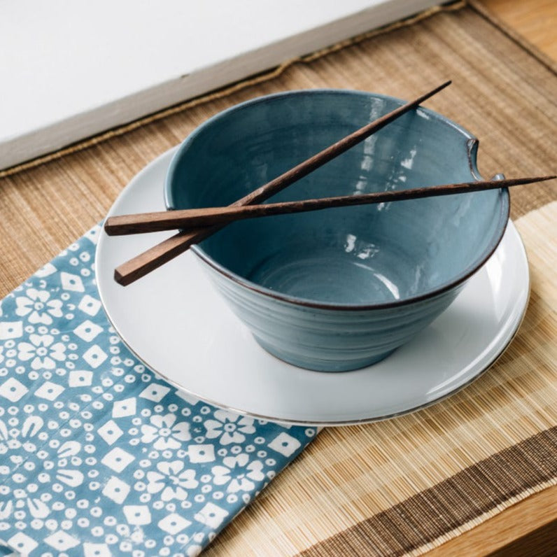 Bowl w/chopsticks ceramic 6Dx3H blue/brown